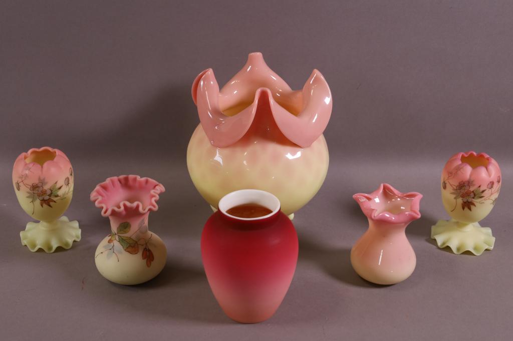 6 PIECES OF PEACH BLOW OR BURMESE GLASS (1 of 5)