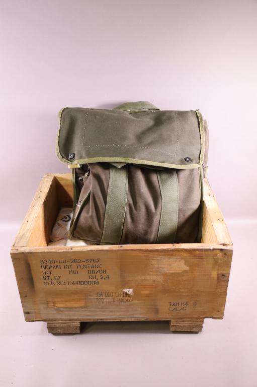 WWII TENT REPAIR KIT: USMC WWII TENT REPAIR KIT IN ORIGINAL WOODEN CRATE. NO IN HOUSE SHIPPING AVAILABLE ON THIS ITEM