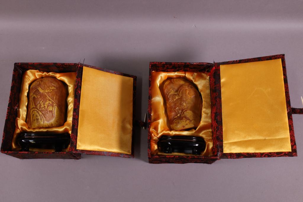 2 CARVED SHOUSHAN STONES ON STANDS (1 of 6)