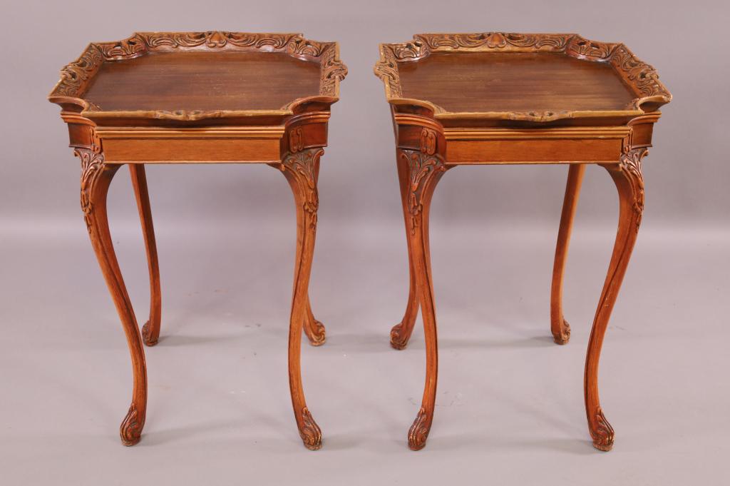 PAIR OF CARVED MAHOGANY END TABLES (1 of 5)