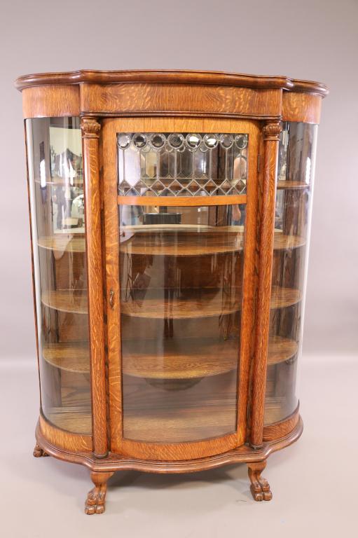 1900'S AM. OAK TRIPLE BOW FRONT OAK CHINA CABINET (1 of 4)