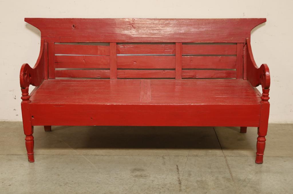 LARGE PAINTED RED WOOD BENCH (1 of 4)