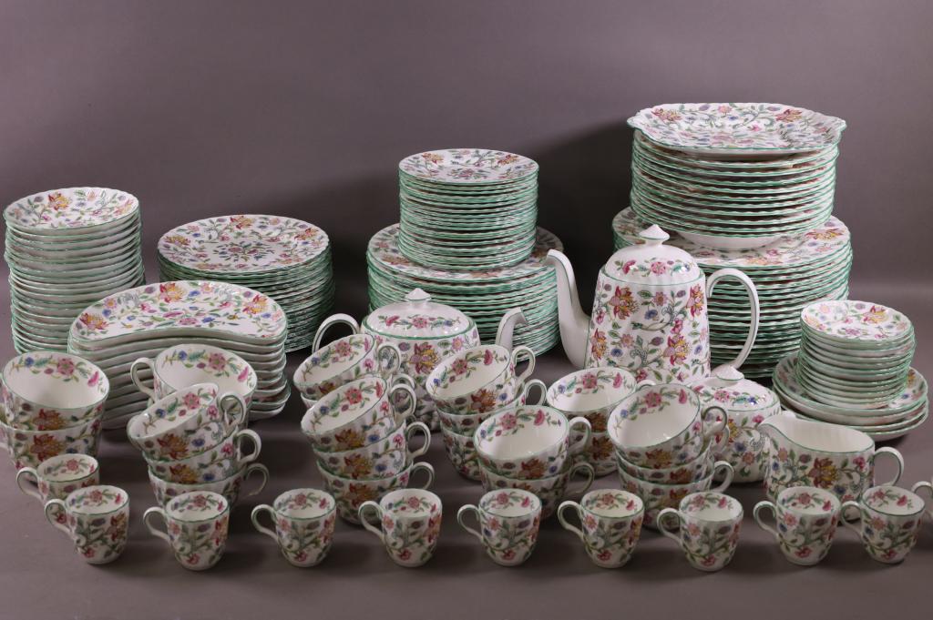 130 PIECES HADDON HALL MINTON CHINA SET: (19) 10 1/2" PLATES, (16) 9" PLATES, (18) 8" PLATES, (10) 9" BOWLS, (19) 6 1/4") PLATES, CREAMER & SUGAR, (19) CUPS & SAUCERS, (4) LARGE CUPS & SAUCERS, (11) DEMITASSE, TEA POT, COFFEE POT, SERVING PL