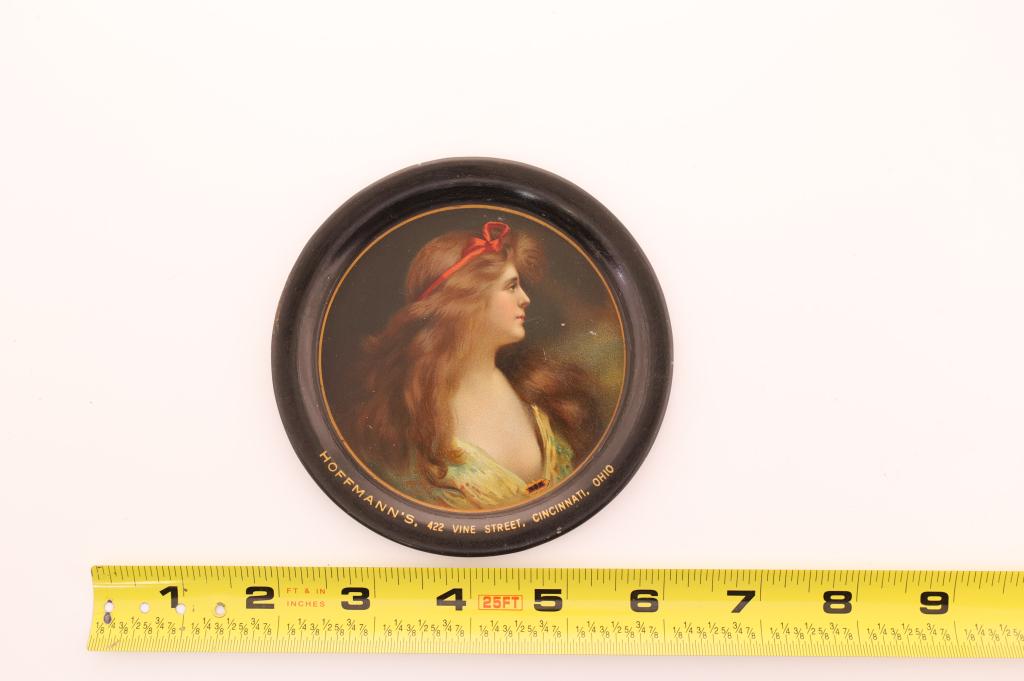 HOFFMAN'S CINCINATTI OHIO TIN TIP TRAY: HOFFMAN'S 422 VINE ST CINCINATTI OHIO TIN LITHO ADVERTISING TIP TRAY. LIGHT WEAR TO SURFACE AND EDGES.