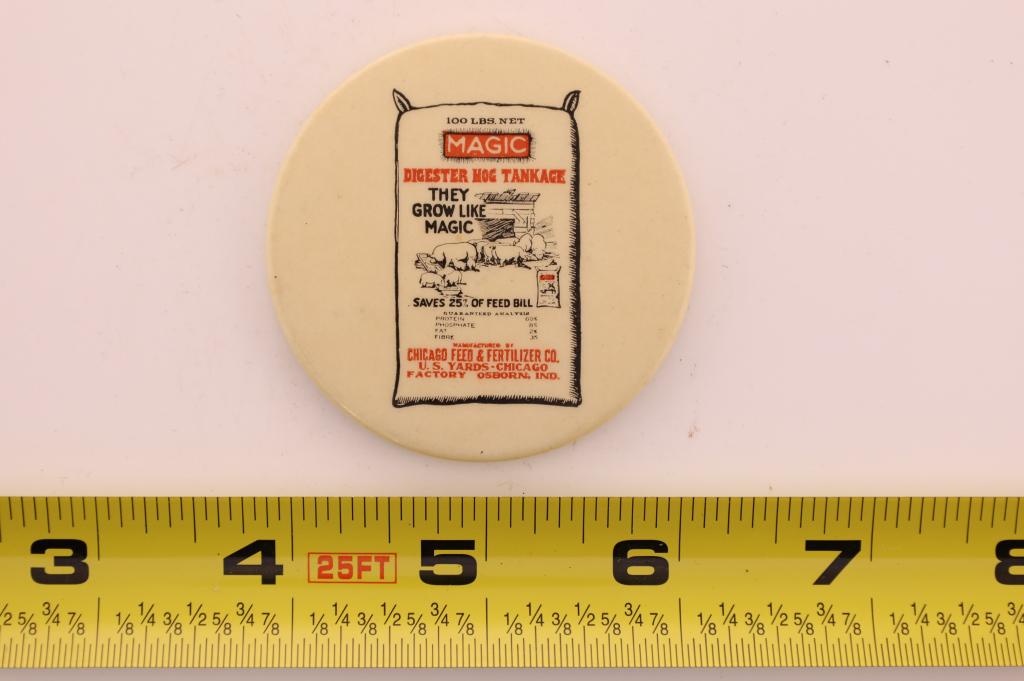 MAGIC HOG FEED POCKET MIRROR: THEY GROW LIKE MAGIC CELLULOID ADVERTISING POCKET MIRROR. LIGHT WEAR TO SURFACE AND EDGES.