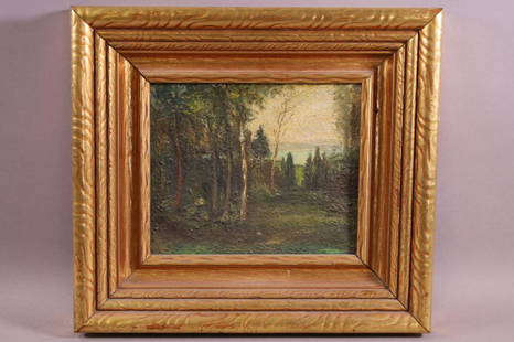 FOREST SCENE OIL PAINTING: OIL ON BOARD. UNSIGNED. 7" x 9" IMAGE SIZE / 13" x 14" IN FRAME.