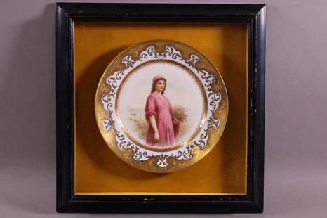 ROYAL VIENNA PORCELAIN PORTRAIT PLATE: TITLED "RUTH" ON BACK. GOOD CONDITION. 8 3/4" DIAM PLATE / 14" x 14" IN FRAME.