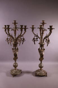 PAIR OF GILT METAL CANDELABRAS: ANGEL FORM 6 ARM CANDELABRAS. GOOD CONDITION. 29" H.