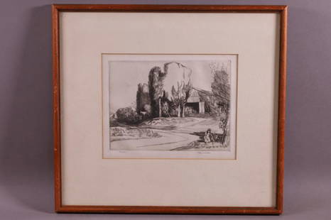 ARTHUR MILLIER ETCHING: TITLED "HEY BARN" SIGNED LOWER RIGHT. 7" x 9" IMAGE SIZE / 14" x 16" IN FRAME.