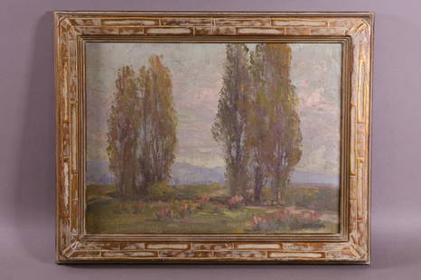 1922 CALIFORNIA LANDSCAPE PAINTING: OIL ON BOARD. SIGNED LOWER RIGHT "FUSHY 22" GOOD CONDITION. 16" x 12" IMAGE SIZE / 19 1/2" x 15 1/2" IN FRAME.