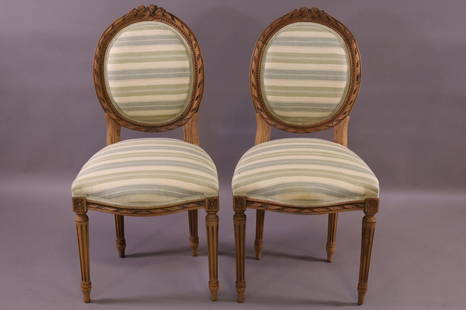 PAIR OF FRENCH SIDE CHAIRS: STRIPED UPHOLSTERY. BREAKS IN BACK TO BOTH CHAIRS. AGE SPLITS. 18" W x 18" D x 36" H. THIS ITEM EXCEEDS SIZE LIMITATIONS FOR IN HOUSE SHIPPING.