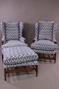 2 COUNTRY FRENCH STYLE WING BACK CHAIRS: COUNTRY FRENCH STYLE WING BACK CHAIRS WITH MATCHING OTTOMAN. 1 CHAIR HAS LOOSE BACK. COUNTRY FRENCH STYLE WING BACK CHAIR WITH MATCHING OTTOMAN. STAINS TO UPHOLSTERY. 29" W x 28" D x 43" H. / 29"