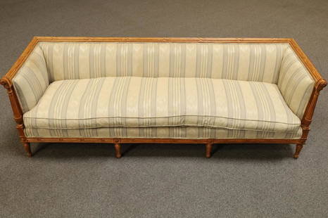 FRENCH STYLE SOFA: CONTEMPORARY FRENCH STYLE SOFA. STRIPED UPHOLSTERY. WITH LARGE CUSHION. STAINS TO UPHOLSTERY. 87" W x 29" D x 29" H. THIS ITEM EXCEEDS SIZE LIMITATIONS FOR IN HOUSE SHIPPING.