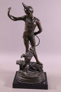 BRONZE STATUE AFTER ALFRED BARYE: ALFRED BARYE SIGNED BRONZE FIGURE. SMALL BREAK TO ONE HAND. 15" H.