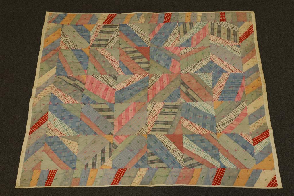 TIED CRAZY QUILT: YARN TIED CRAZY QUILT. SOME STAINS. 83 1/2" x 67"