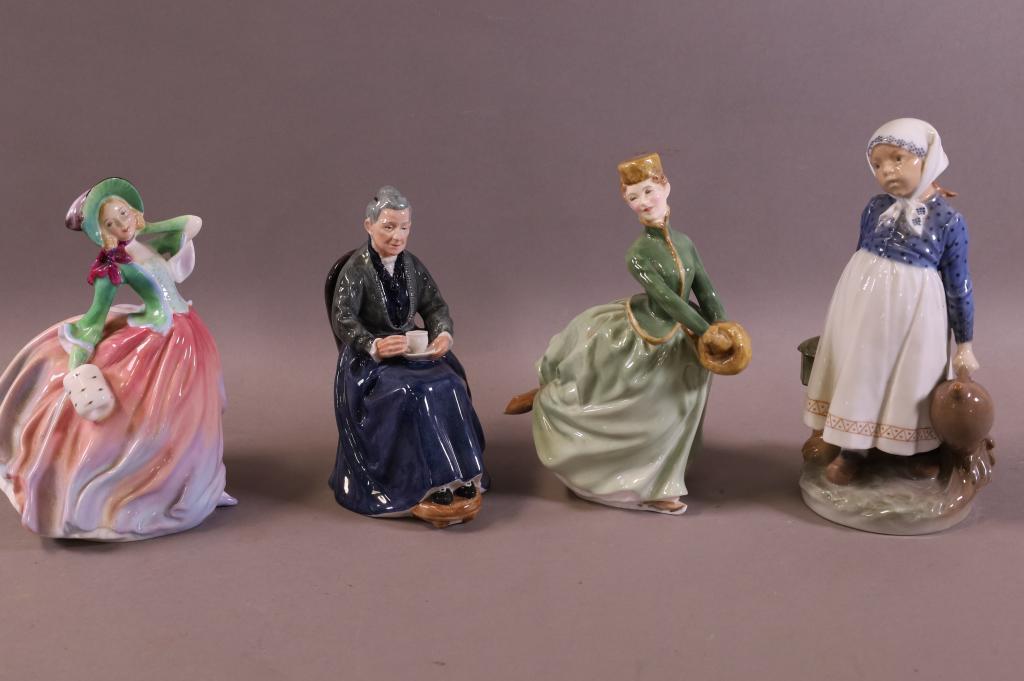 4 PORCELAIN FIGURES: 3 ROYAL DOULTON & 1 ROYAL COPENHAGEN. AUTUMN BREEZES, GRACE, THE CUP OF TEA, & #815. GOOD CONDITION. ALL APPROX 8" H