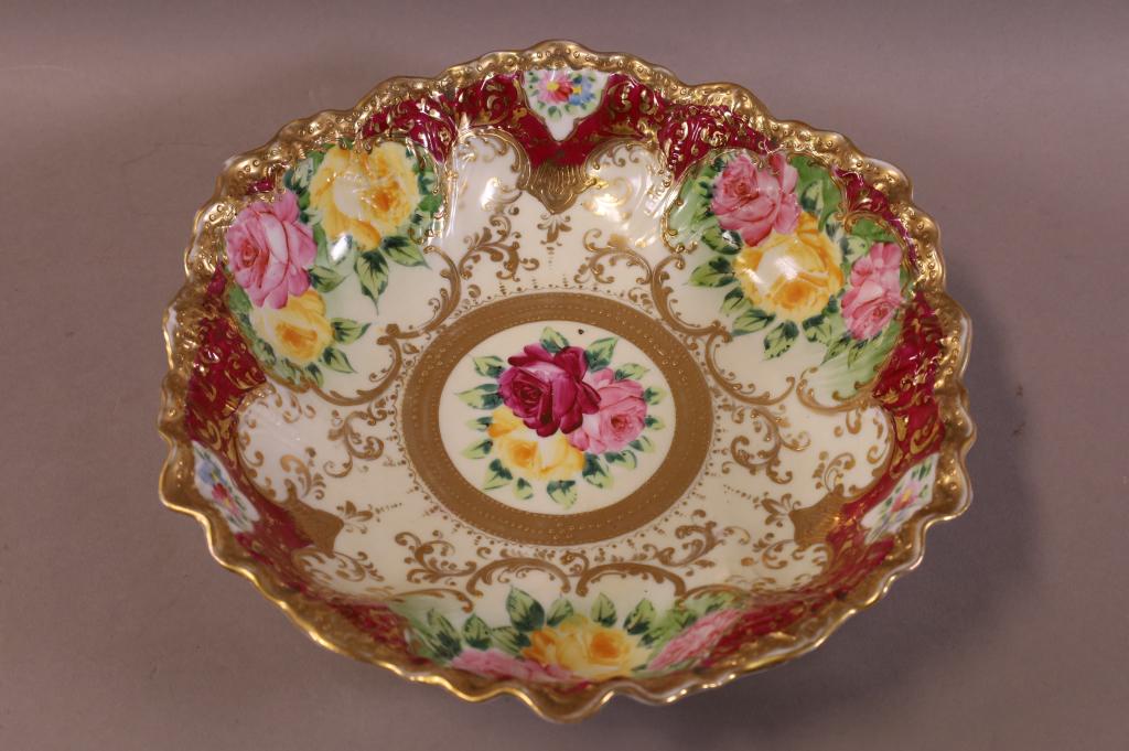 ROYAL NIPPON CENTER BOWL: ROSE PATTERN ROYAL NIPPON KIRIAN CENTER BOWL. GOOD CONDITION. 11" DIAM.