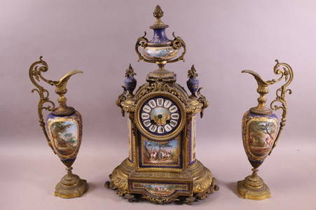 ANTIQUE 3 PIECE SEVRES STYLE FRENCH CLOCK SET