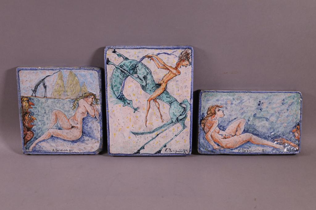 SET OF 3 ITALIAN TILES: SET OF 3 ARTIST SIGNED ITALIAN FEMALE NUDE GLAZED TILES. CHIPS TO EDGES. 6" - 8 1/4" W