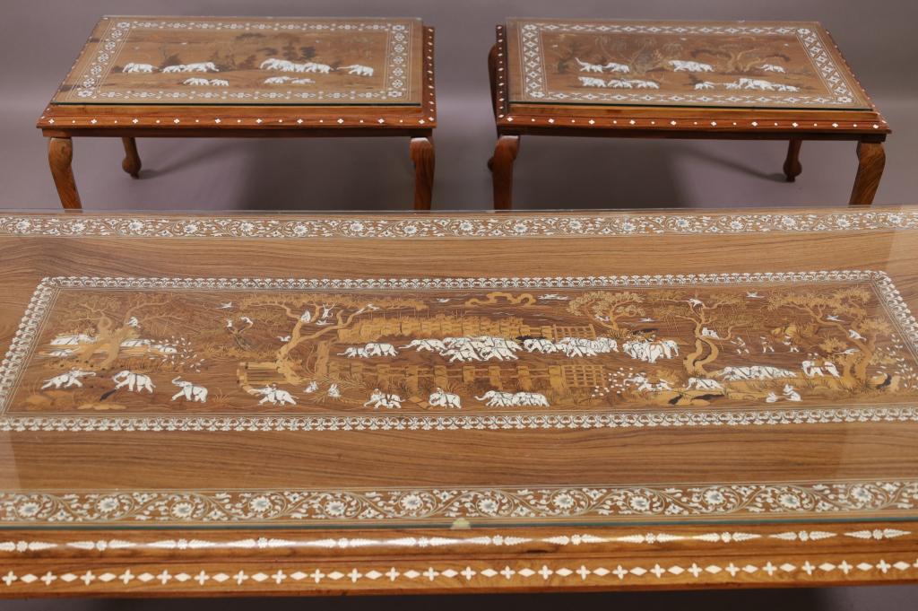 UNUSUAL INLAID 3 PIECE TABLE SET WITH ELEPHANTS (1 of 5)