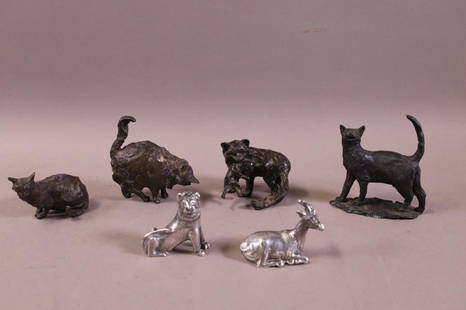 6 ANIMAL FIGURES: 4 BRONZE CATS & 2 STERLING COATED DEER AND LION. GOOD CONDITION.