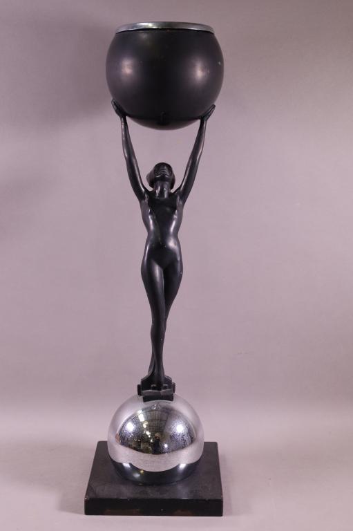 UNSIGNED FRANKART LADY STAND: ART DECO NUDE LADY UNSIGNED FRANKART. CHROME AND PAINTED ASHTRAY STAND. PAINT CHIPS. 28" H