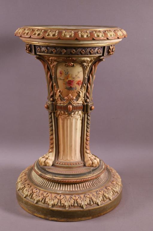 ROYAL WORCESTER HAND PAINTED PEDESTAL: HIGHLY DECORATED ROYAL WORCESTER HAND PAINTED PEDESTAL. REPAIRS AND CRACKS. 11" DIAM x 18" H.