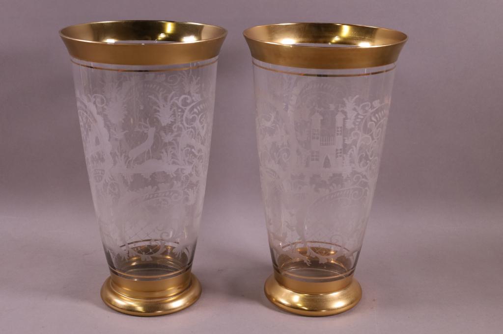 PAIR OF TALL ETCHED CRYSTAL VASES (1 of 3)