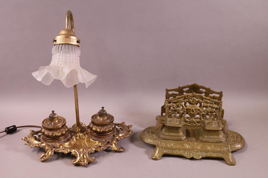 GILT METAL INKWELL & INKWELL LAMP (1 of 5)