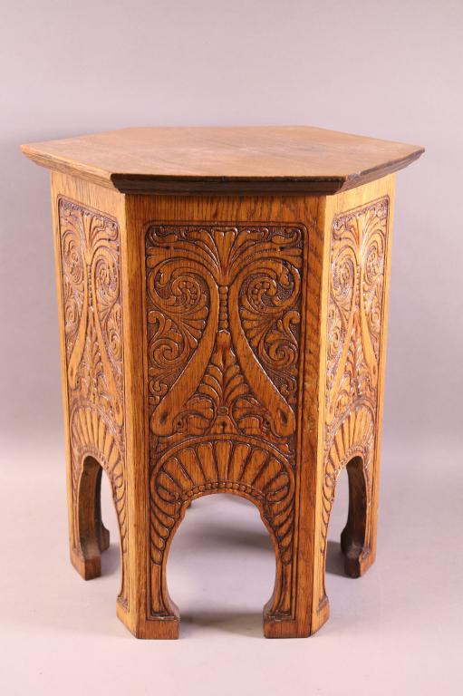 1900'S HIGHLY CARVED HEXAGON AM. OAK SIDE TABLE (1 of 4)