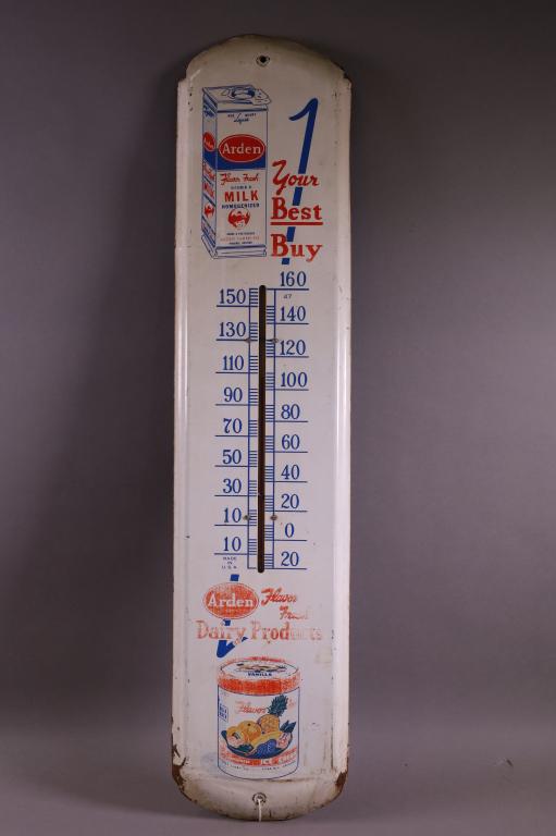 ARDEN MILK TIN THERMOMETER: WITH THERMOMETER INSERT. RUST AND SURFACE SCRATCHES. PAINT LOSS TO GRAPHICS. 36" H