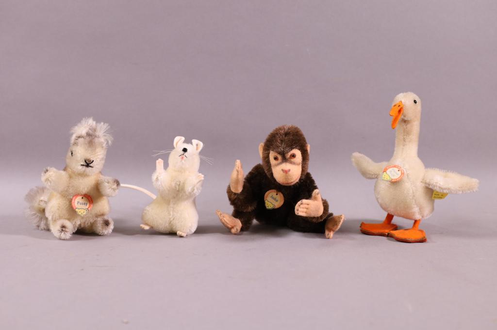 4 SMALL VINTAGE STEIFF ANIMALS: MONKEY (JOCKO), SQUIRREL (POSSY), GOOSE, & MOUSE (NO TAG BUT HAS HOLE IN EAR). ALL OTHERS HAVE PAPER TAGS. 3" TO 5" H