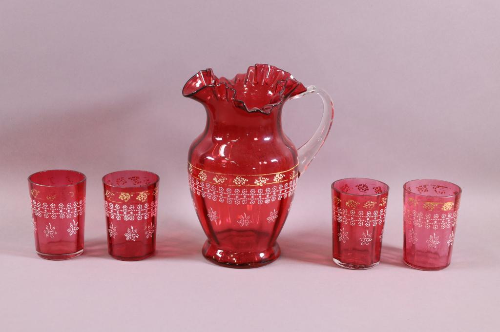 VICTORIAN CRANBERRY GLASS DRINK SET (1 of 3)