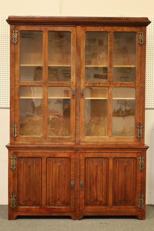 ANTIQUE ENGLISH LINEN FOLD STEP BACK BOOKCASE (1 of 6)