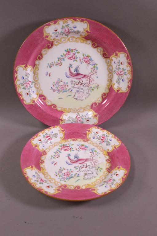 2 MINTON PLATTERS: PINK COCKATIRCE. MINOR SURFACE SCRATCHES. OVERALL GOOD CONDITION. 12" DIAM / 14" DIAM.
