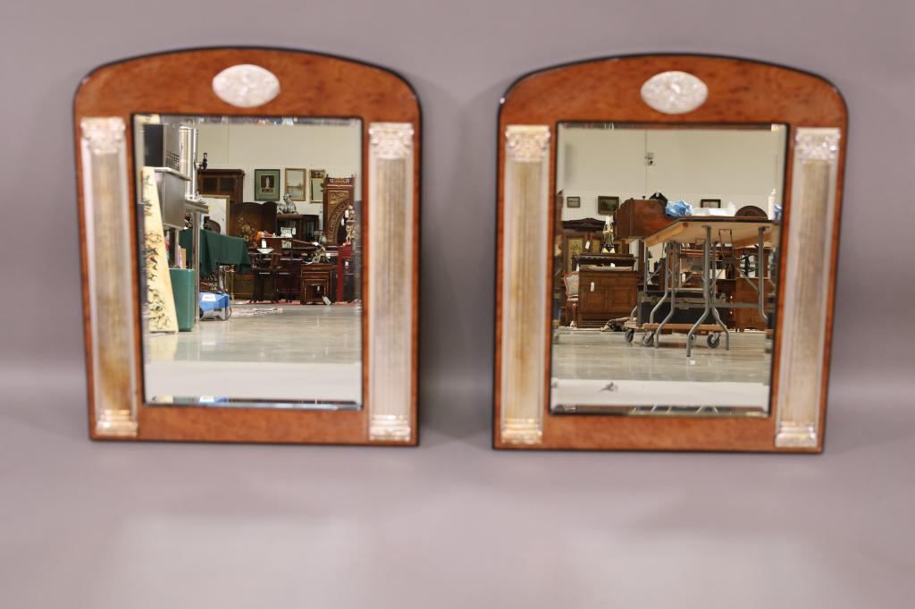 PAIR OF ITALAIN WALL MIRRORS WITH STERLING: HIGH LACQUERED BURLED WALL MIRRORS WITH STERLING SIDES AND PLAQUE SIGNED CASTELLANI. WITH TRAVELING CASES. SOME CRACKS TO WOOD. GOOD CONDITION. 22" W x 26" H.