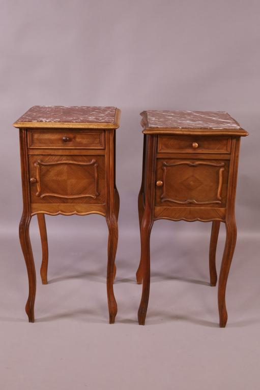 NEAR PAIR OF FRENCH MARBLE TOP NIGHTSTANDS (1 of 3)
