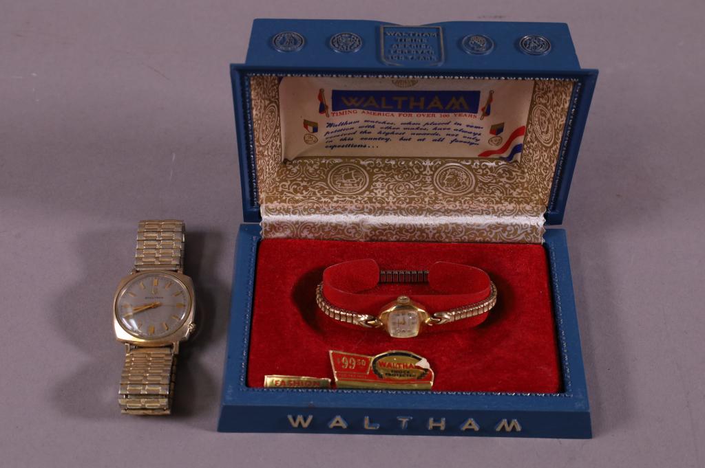 2 VINTAGE WRIST WATCHES: MAN'S ACCUTRON & WOMAN'S WALTHAM IN ORIGINAL BOX. ALL WATCHES ARE SOLD AS IS WE DO NOT GUARANTEE WORKING ORDER.