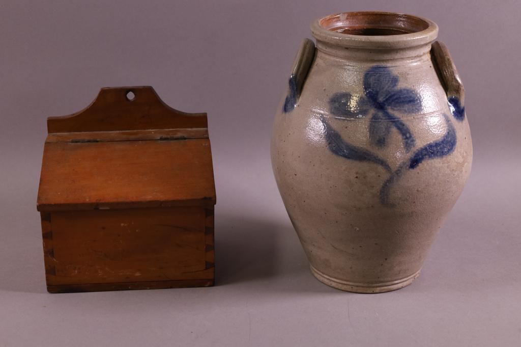 SALT GLAZED CROCK & WOODEN SALT BOX (1 of 6)