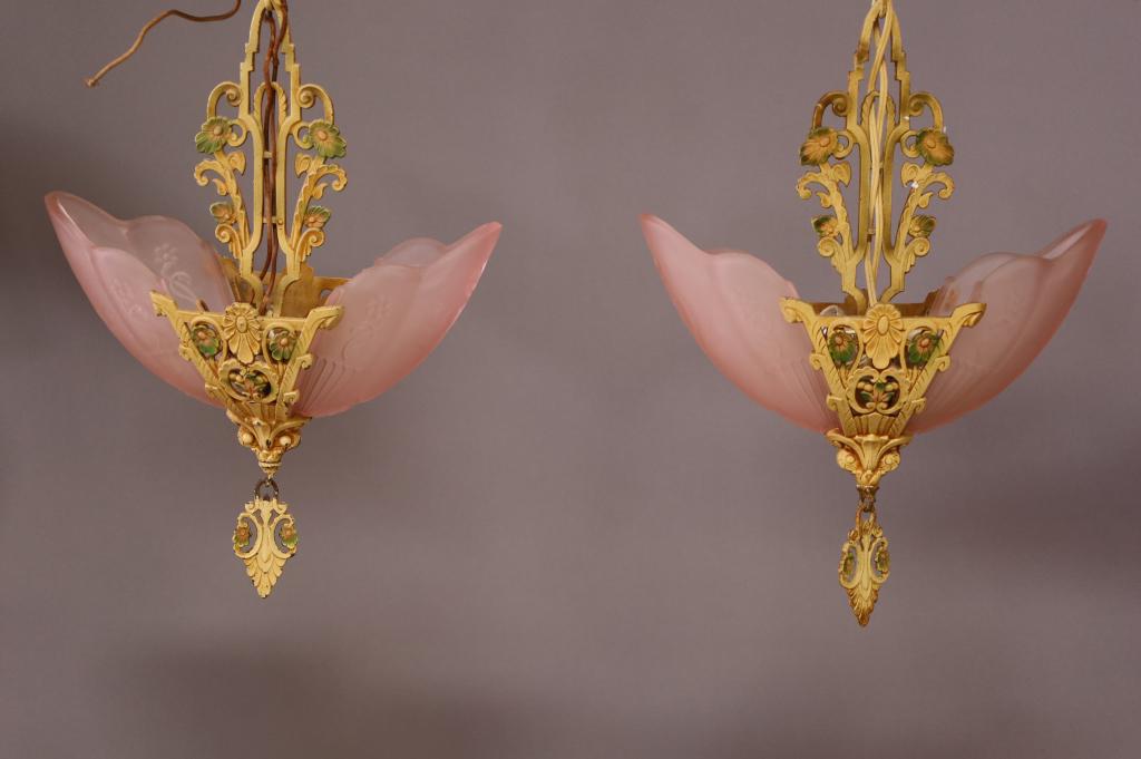 PR. ART DECO HANGING LIGHTS W/ GLASS SHADES (1 of 4)