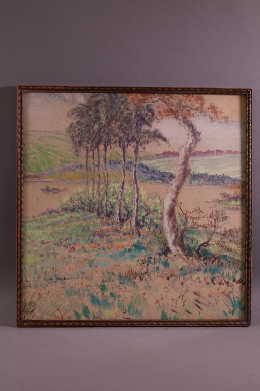 CLIFFORD SILSBY LANDSCAPE WATERCOLOR: WATERCOLOR UNDER GLASS, SIGED LOWER RIGHT. 17 1/2" x 17 1/2" IN FRAME.
