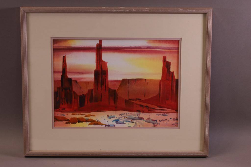 LEW ACHEN DESERT LANDSCAPE WATERCOLOR: WATERCOLOR UNDER GLASS. SIGNED LOWER RIGHT, LEW ACHEN. GOOD CONDITION. 9" x 13" IMAGE SIZE / 16" x 20" IN FRAME.