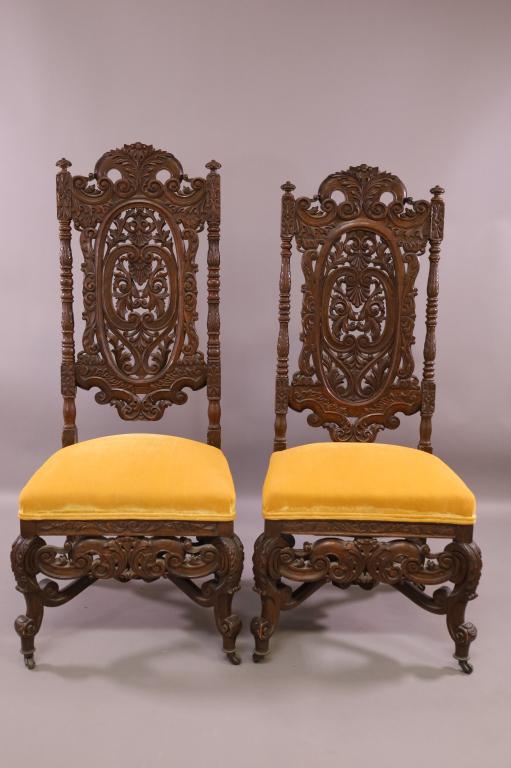 PR. 1920'S HIGHLY CARVED TALL BACK HALL CHAIRS (1 of 5)