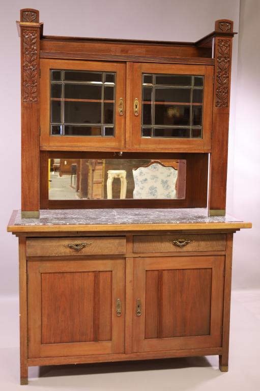 ANTIQUE ART NOUVEAU STYLE SIDEBOARD: MIRRORED BACK, MARBLE TOP, TWO UPPER BEVELED GLASS DOORS. MARBLE HAS BEEN REPAIRED, HARDWARE HAS BEEN REPLACED, MISSING ONE PIECE OF MOULDING. 55" W x 25" D x 76" H. THIS ITEM EXCEEDS SIZE LIMITATIONS
