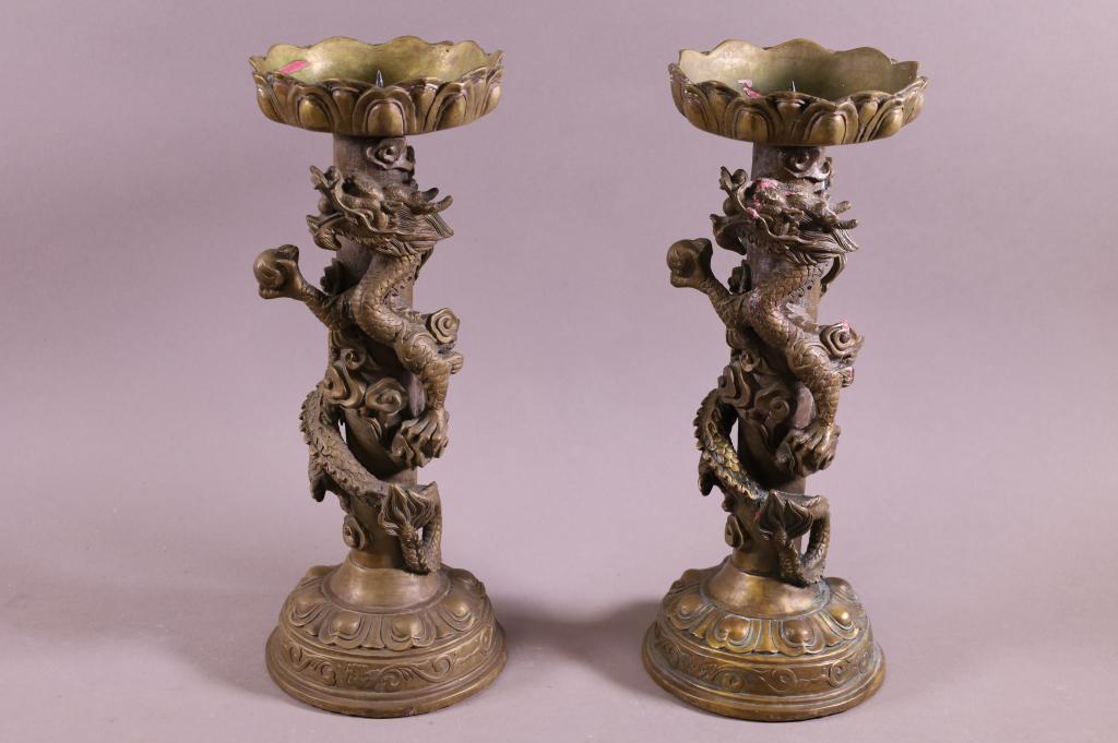 PAIR OF LARGE CHINESE BRONZE CANDLESTICKS (1 of 4)