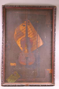 WILLIAM MICHAEL HARNETT "THE OLD VIOLIN": ANTIQUE CHROMOLITHOGRAPH ON CANVAS IN OAK FRAME BY WILLIAM MICHAEL HARNETT. TITLED "THE OLD VIOLIN". SCRATCHES TO FRAME. 22" x 34" IMAGE SIZE / 25" x 37" IN FRAME.