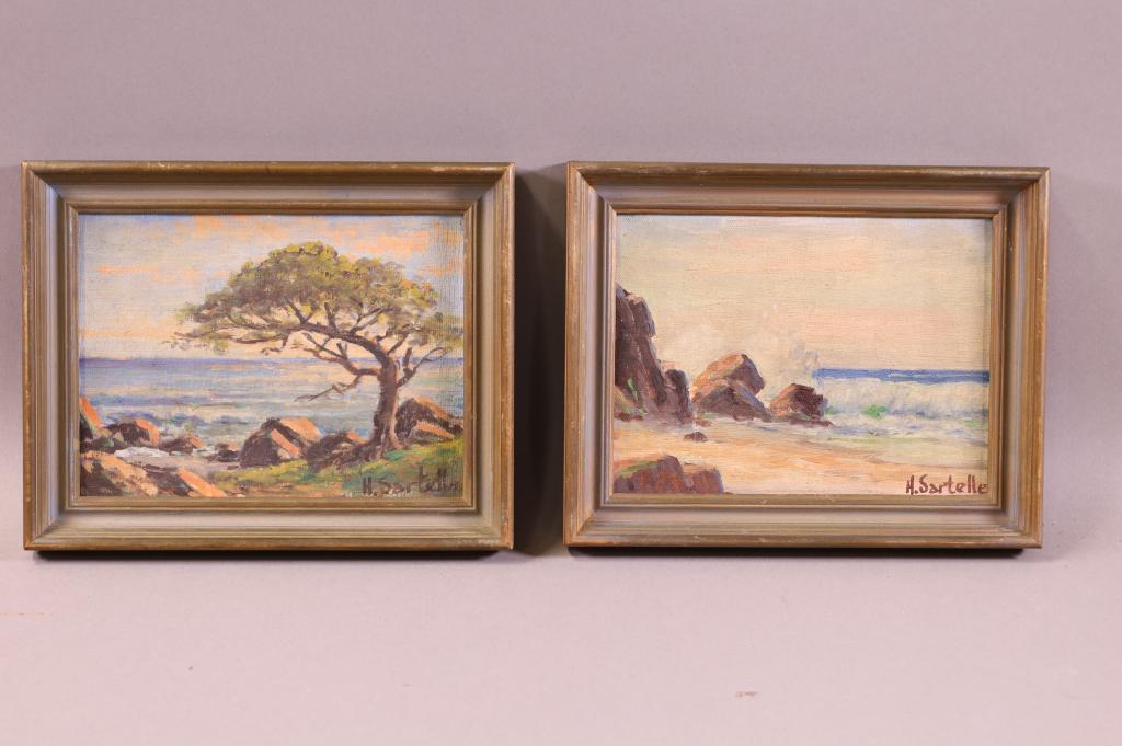 2 HERBERT SARTELLE SEASCAPE PAINTINGS: OIL ON BOARD, SEASCAPES. SIGNED LOWER RIGHT H. SARTELLE. 8" x 6" IMAGE SIZE / 10" x 8" IN FRAME.