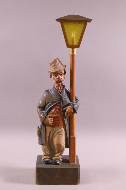 KARL GRIESBAUM "THE DRUNKARD" WHISTLER: AUTOMATON GERMAN ANTIQUE BIRD WHISTLER. STAMPED KG ON BACK. KEY WIND, HAS KEY. WORKING. LIGHT POLE IS BATTERY OPERATED. 19" H.