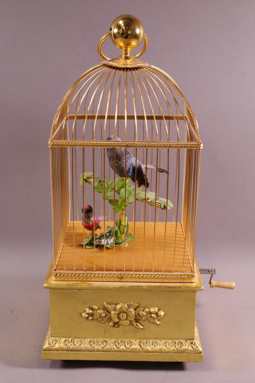 LARGE REUGE SWISS MUSICAL BIRDCAGE: REUGE SWISS MUSIC BIRD CAGE, MARKED ON BASE. DOUBLE BIRD. WORKING. 20" H.