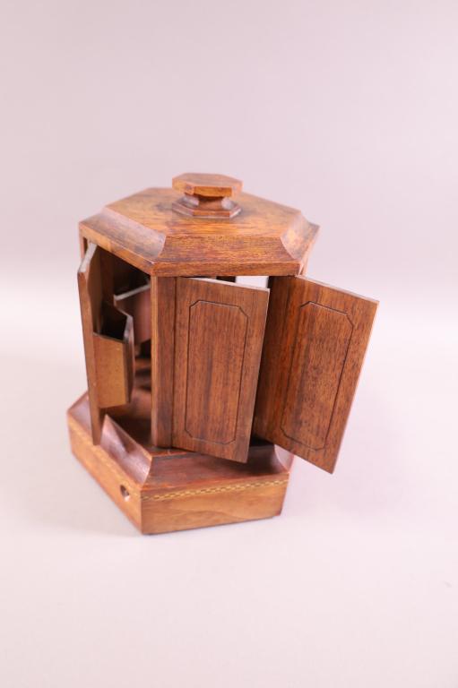 INLAID WOOD MUSICAL LIPSTICK HOLDER: INLAID WOOD MUSICAL LIPSTICK HOLDER, NON WORKING. 9 1/2" H.